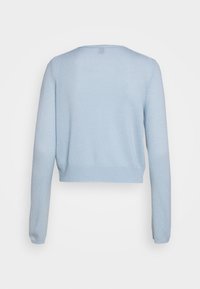 Ljusblå kort tröja med långa ärmar, ribbat nederkant och slät textur. Bakifrån syns en enkel rund halsringning.