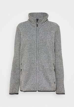 Veste tricotée grise et noire avec fermeture éclair intégrale, col montant et poches latérales zippées, présentée sur un fond blanc uni.