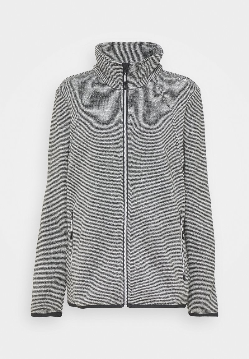 Veste tricotée grise et noire avec fermeture éclair intégrale, col montant et poches latérales zippées, présentée sur un fond blanc uni.