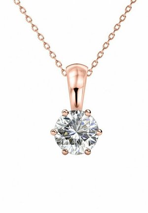 Roze gouden ketting met een ronde, heldere diamanten hanger, bevestigd met zes klauwen en een gepolijste hanger, op een effen achtergrond.