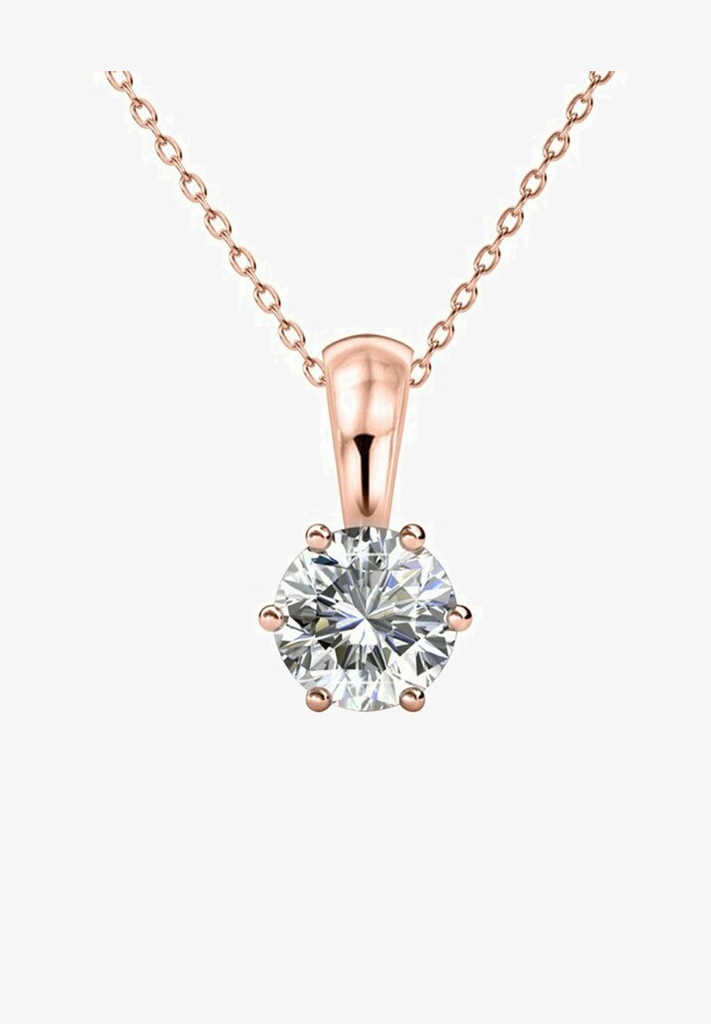Roségoldene Kettenhalskette mit einem runden, klaren Diamantenanhänger, gesichert mit sechs Krappen und einem polierten Bail, auf einem schlichten Hintergrund.