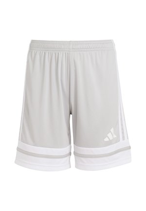 Gray athletic shorts with white accents. Made of lightweight fabric, featuring an elastic waistband and two horizontal stripes at the hem.