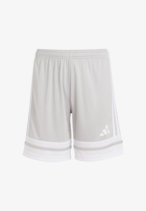 Grijze sportshorts met witte accenten. Gemaakt van lichte stof, met een elastische tailleband en twee horizontale strepen aan de zoom.