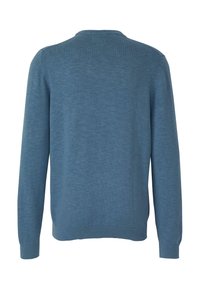 Pull tricoté bleu avec un col rond, des manches longues et des poignets côtelés. Le tissu semble doux avec une texture fine et un motif uniforme.