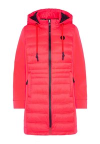 Padded pink jacket with a hood, featuring a zip front, elastic drawstrings, and side pockets; smooth fabric with quilted texture on the front.