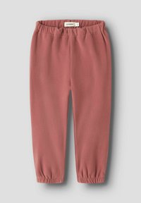 Pantalons en polaire de couleur rose poussiéreux, dotés d'une taille élastique et de poignets froncés, avec une texture douce et une finition lisse.