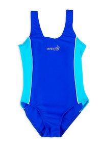 Niebieski jednoczęściowy kostium kąpielowy z jasnoniebieskimi bocznymi panelami i logo "MARISS" na klatce piersiowej, z szerokimi ramiączkami.