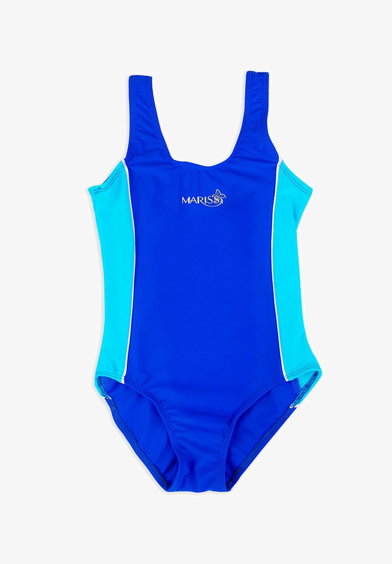 Niebieski jednoczęściowy kostium kąpielowy z jasnoniebieskimi bocznymi panelami i logo "MARISS" na klatce piersiowej, z szerokimi ramiączkami.