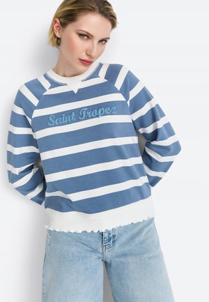 Blå og hvid stribet sweatshirt med bølget kant og broderet "Saint Tropez" logo; blødt stof, afslappet pasform, rund halsudskæring.