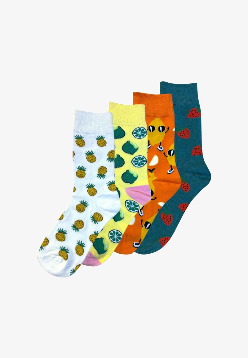 Sæt af fire farverige bomuldsstrømper: hvide med ananas, gule med grønne pærer og lime, orange med citronskikkelse, teal med røde jordbær.