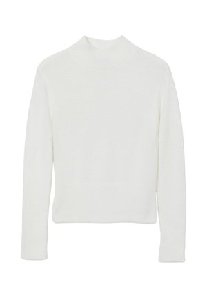 Weißer Rollkragenpullover aus weichem Material, mit langen Ärmeln, gerippter Textur und einer taillierten Silhouette.