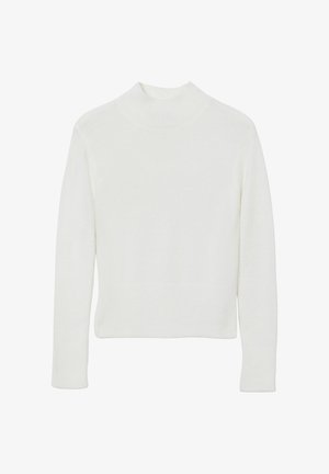Maglione bianco a collo alto realizzato in un tessuto morbido, con maniche lunghe, una texture a coste e una silhouette aderente.