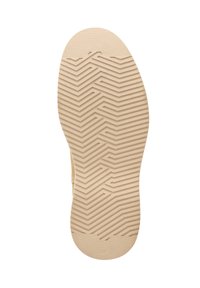 Beige schoenzool met zigzag- en lineaire looppatronen, maat gemarkeerd als 42 op de hak, weergegeven op een witte achtergrond.