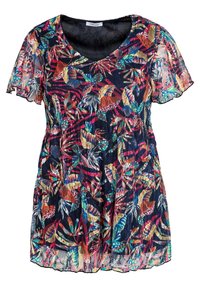 Haut à motif floral avec un col en V, manches courtes volantées et un corsage froncé. Confectionné en tissu léger et transparent avec des feuilles multicolores.