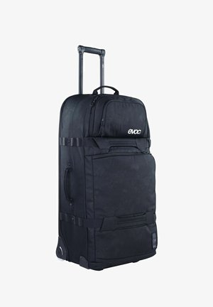 Zwarte reistas op wielen met meerdere ritssluitingen, stevige handvatten en een gestructureerde afwerking. Duurzaam materiaal met logodetail.