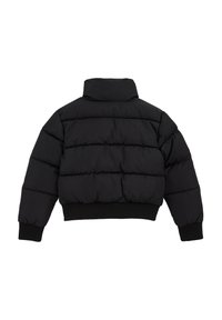 Veste puffer noire cropped avec surpiqûres horizontales, col montant et poignets côtelés. Texture mate, isolation légère, design polyvalent.