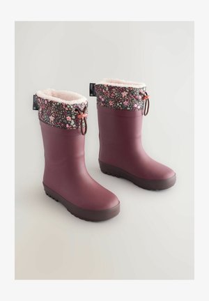 Gumijasti škornji za dež v temno burgundski barvi z obročem iz cvetličnega blaga in mehkim roza podloženjem, opremljeni z vrvico za zapiranje in teksturiranim podplatom.
