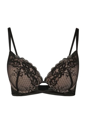 Soutien-gorge en dentelle noire avec un motif floral, des panneaux transparents, des bords festonnés et des bretelles réglables. Doté d'un design en trou de serrure au centre.
