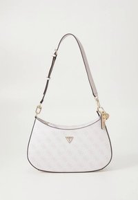 White synthetic handbag with a curved design, pink logo pattern, black trim, and a detachable strap. Features a gold-tone logo accent.