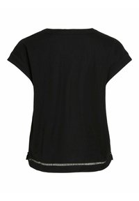 Schwarzes T-Shirt mit kurzen Ärmeln, Rundhalsausschnitt und dekorativem Reißverschlussdetail am unteren Saum auf der Rückseite.