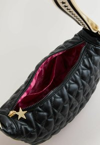 Fekete, steppelt bőr táska aranyszínű díszítéssel és csillag alakú cipzárfogóval. Kontrasztos rózsaszín szatén belsővel és ívelt formával rendelkezik.