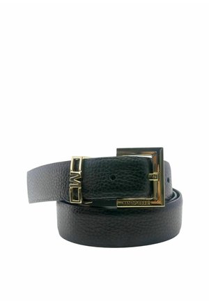 Cintura in pelle nera testurizzata arrotolata con fibbia rettangolare dorata con incisione "Marcellis".