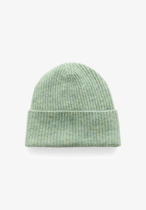 Rebrast klobuk mint zelene barve z rebrasto teksturo in zavihkom, ki ima udoben fit in zaobljeno zasnovo vrha.