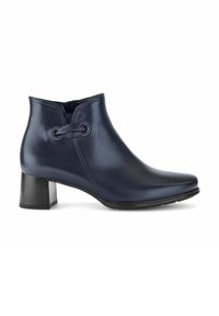 Bottine en cuir bleu marine avec talon bloc, détail nœud sur le côté et bout arrondi.