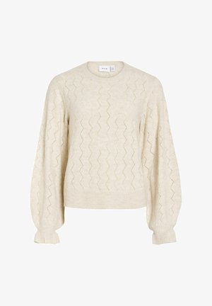 Cremefarvet striktrøje med zigzag-åbent arbejde mønster, lange puffede ærmer, ribstrikkede manchetter og rund halsudskæring.
