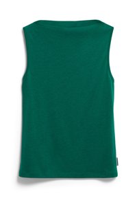 Grünes ärmelloses Top aus leichtem, strukturiertem Stoff mit Rundhalsausschnitt und geradem Saum, das ein minimalistisches Design aufweist.