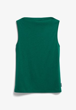 Groene mouwloze top van lichtgewicht, textuurstof met een ronde halslijn en een rechte zoom, met een minimalistisch ontwerp.