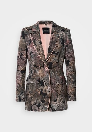 Blazer mit Blumenmuster aus schwarzem Stoff, mit zarten rosa Akzenten, Revers mit Kerbe, Ein-Knopf-Verschluss und zwei Vorder- taschen.