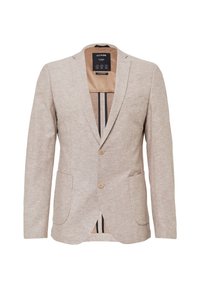 Lichtbeige blazer gemaakt van textuurstof, met twee voorzakken, een enkele knoopsluiting en een contrasterende gevoerde binnenkant.