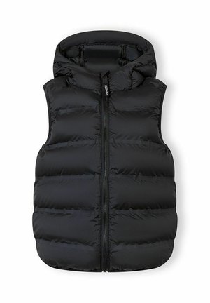 Czarna bezrękawnikowa kamizelka puchowa z kapturem i zamkiem błyskawicznym z przodu, posiadająca poziome pikowanie oraz małą metkę "NYC" na suwaku.