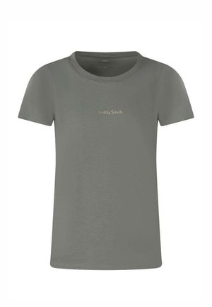 T-shirt gris à manches courtes avec col rond, petit logo "Teddy Smith" centré sur la poitrine, design uni.