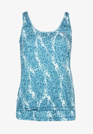 Czarna bluza z kapturem zapinana na zamek, niebieski top w wzory, czarne legginsy i sportowe buty z różowymi akcentami. Codzienny strój sportowy odpowiedni do ćwiczeń.