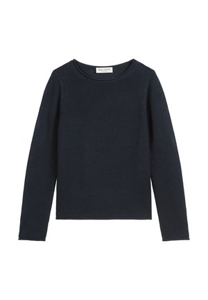 Maglione a maniche lunghe blu navy scuro, con scollatura rotonda, texture a coste e vestibilità comoda. L'etichetta sulla scollatura riporta la scritta "Mare O'Polo."
