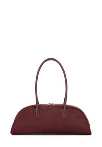 Burgundy handbag with a smooth, textured body and curved shape. Features two handles and a metal zipper closure on top.