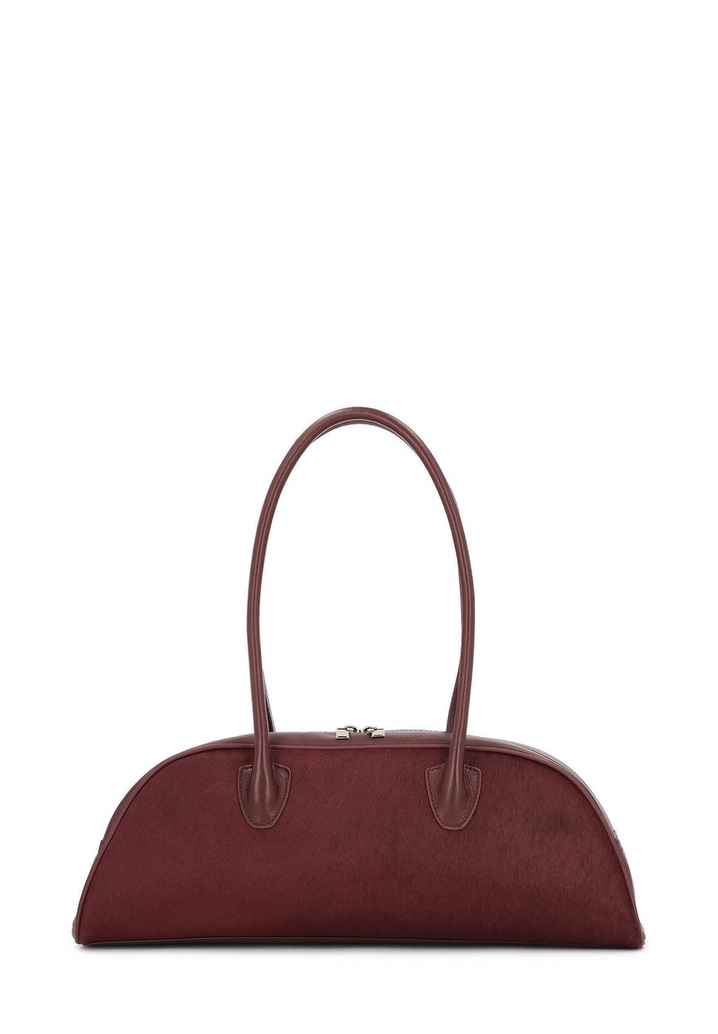 Burgundy handbag with a smooth, textured body and curved shape. Features two handles and a metal zipper closure on top.