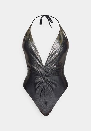 Black metallic one-piece swimsuit with a deep V-neck, halter straps, and gathered detailing at the waist. Textured mesh material.