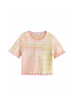 Kortærmet cropped striktop med flerfarvet pastel ternet lapper og pink ribkant på ærmer, hals og kant.