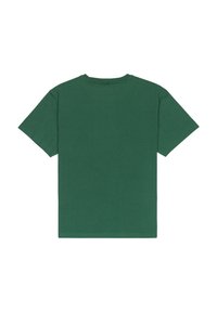 Plain dark green short-sleeve cotton t-shirt, back side visible, with crew neck and no visible logos or patterns.