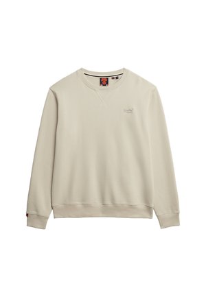 Lys beige crewneck sweatshirt lavet af blødt stof. Har ribbede ærmer og søm, med et lille logo foran og en label inde i halsen.