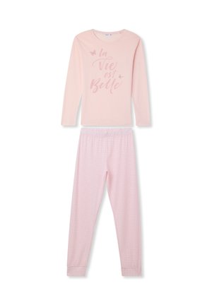 Maglietta da pigiama a maniche lunghe rosa con testo "la vie est belle", abbinata a pantaloni a fantasia scozzese con vita elastica e polsini.