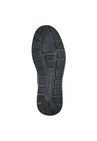 Semelle de chaussure en caoutchouc noir avec des reliefs texturés, comportant un mélange de formes surélevées et de rainures pour une meilleure adhérence, et un bord lisse pour la durabilité.