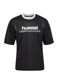 Black short-sleeve shirt with a ribbed texture, featuring a white crew neck and "hummel PERFORMANCE" printed in white across the front.