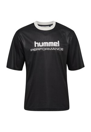 Black short-sleeve shirt with a ribbed texture, featuring a white crew neck and "hummel PERFORMANCE" printed in white across the front.