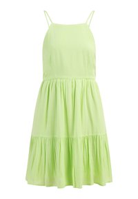 Rochie de vară verde deschis, cu bretele subțiri, corset ajustat și fustă evazată, cu straturi. Confecționată dintr-un material neted cu o textură subtilă.