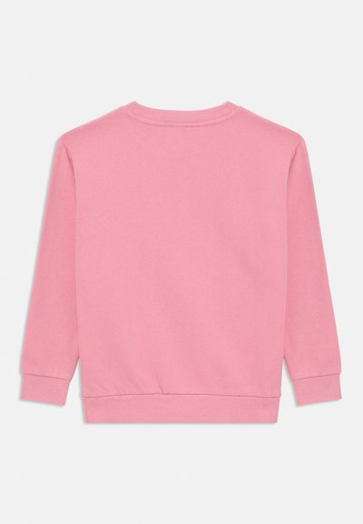 Felpa rosa con maniche lunghe, polsini e vita a costine. Tessuto morbido, design semplice e scollatura a girocollo. Senza motivi o decorazioni.