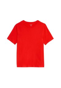 Rode katoenen t-shirt met korte mouwen en een ronde hals, met een gladde textuur en een eenvoudig ontwerp. Geen patronen of versieringen.